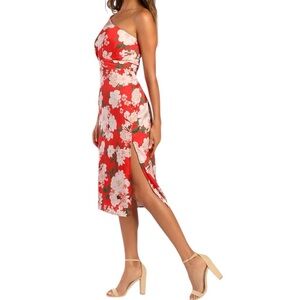 LULUS TRUELY DARLING RED FLORAL PRINT SATIN ONE-SHOULDER MIDI DRESS SZ S